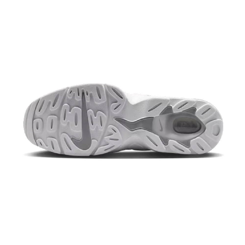Underside of white low-top sneakers with gray traction tread and air-cushioned heel