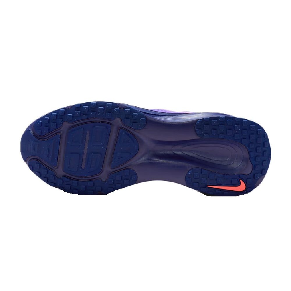 Blue rubber outsole with traction pattern and red Nike logo