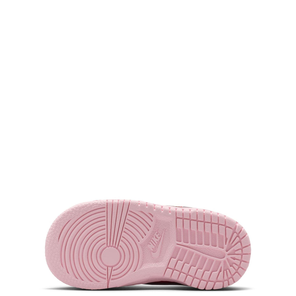Toddler Nike Dunk Low outsole, pink rubber tread with circular traction pattern