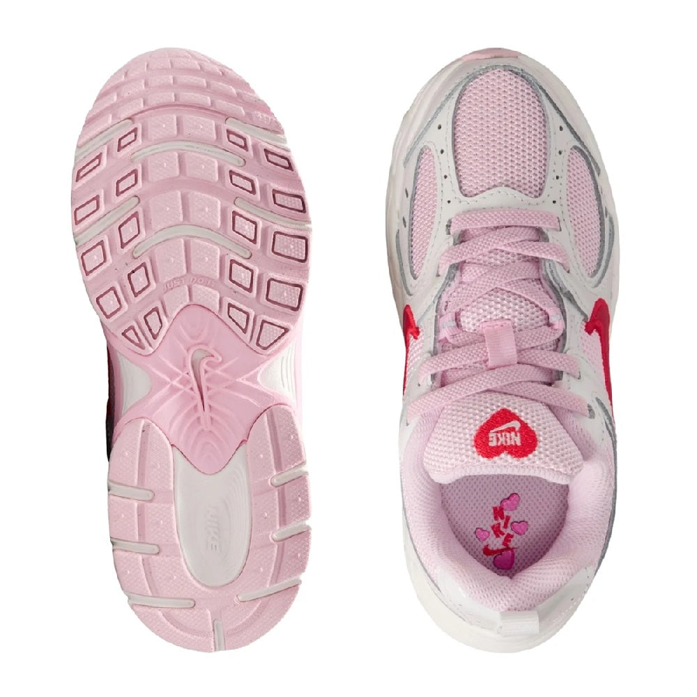 Kids running sneakers, outsole and inside view, pink traction sole and white upper