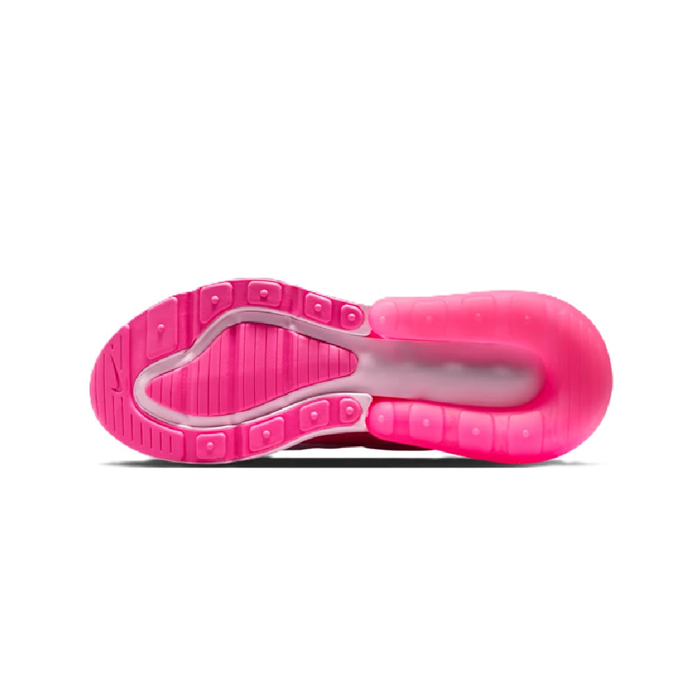 Kids' pink Air Max 270 outsole view with traction tread and visible air-cushion window