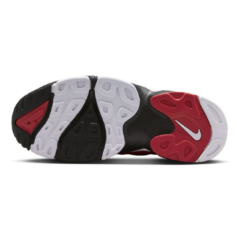 Kids' Nike high-top sneaker outsole with white tread and red and black rubber pods