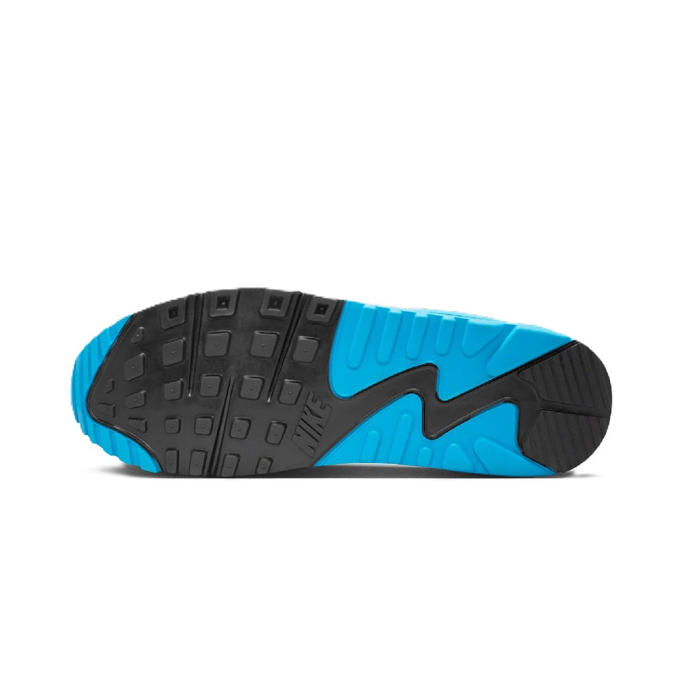 Rubber outsole for grey sneakers with blue traction pods and black tread