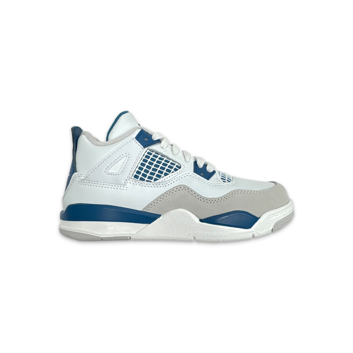Kids Air Jordan 4 Retro sneaker in white with blue mesh side panels and accents