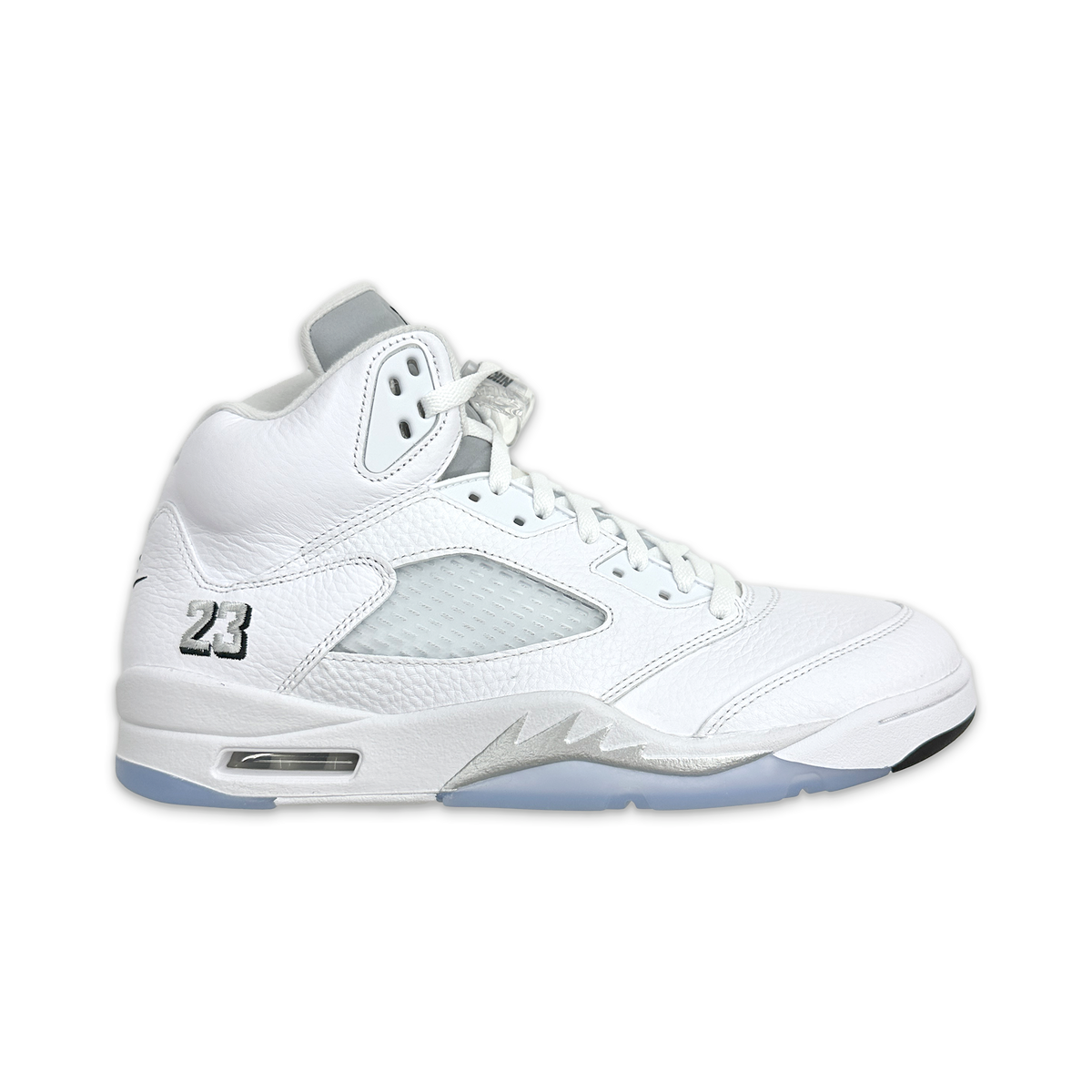 Air Jordan 5 Retro white leather sneaker with metallic gray accents and lace-up design