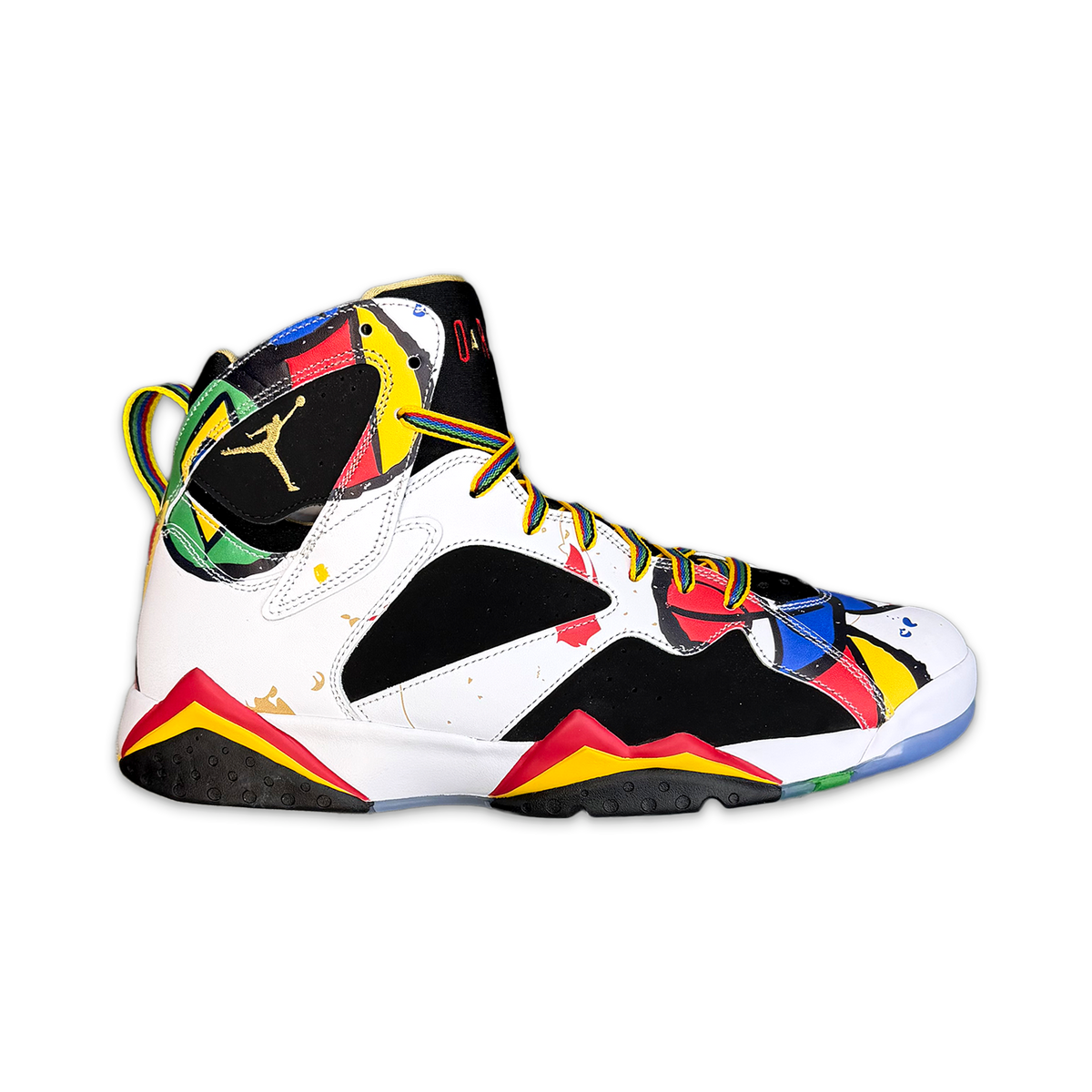 Air Jordan 7 Retro "Miro" sneaker in white with multicolor panels and black toe