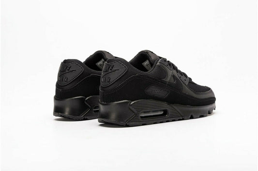 Men's Nike Air Max 90 black lace-up sneakers with visible heel and Air unit