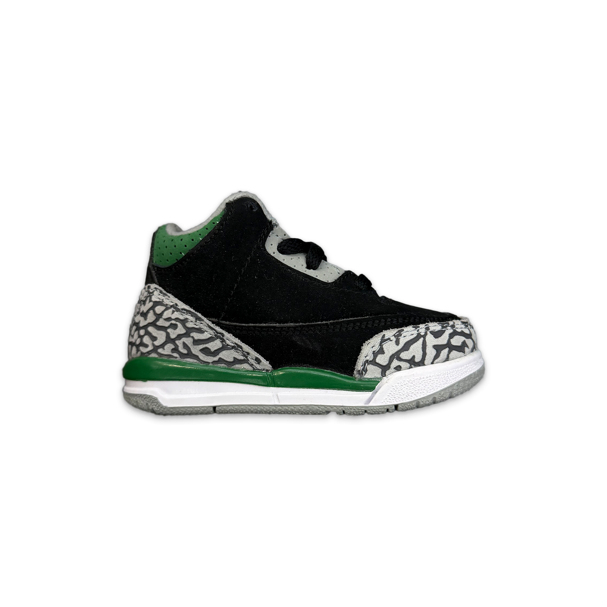 Air Jordan 3 Retro toddler sneakers with black upper, pine green accents, and elephant print