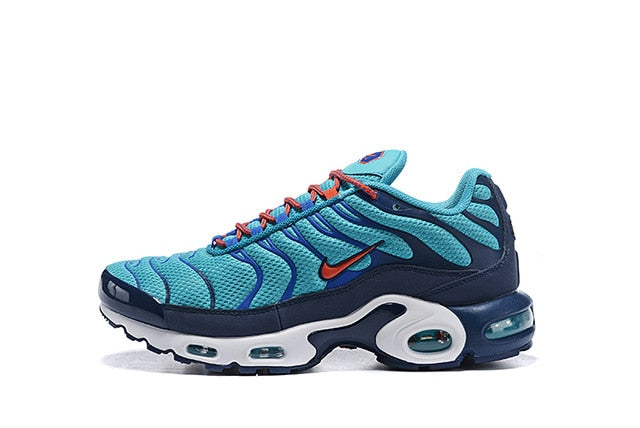 Blue and navy breathable running shoes with red laces, Nike swoosh, Air Max pods