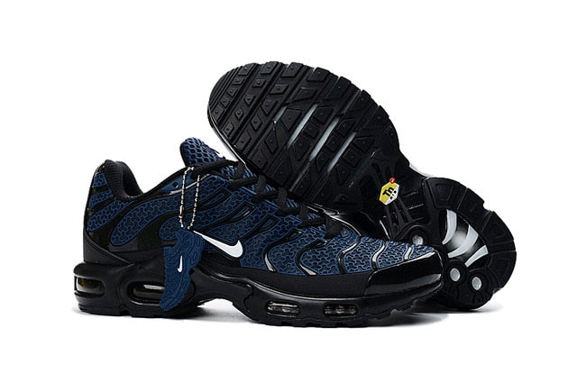 Nike Air Max TN running shoes, dark blue and black with blue lace panel and tread sole