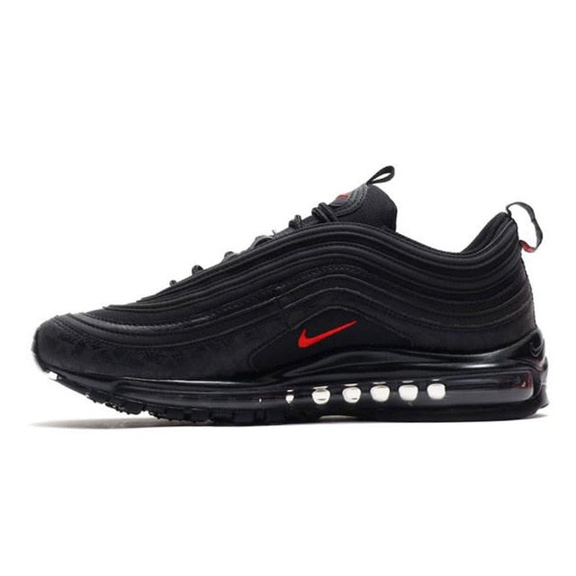 Air Max 97 running shoes in black with red swoosh and clear air-cushion window