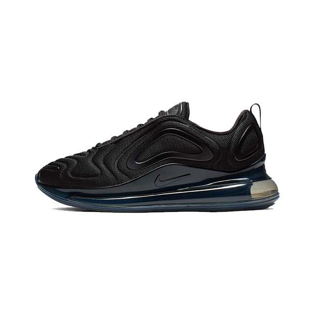 Nike Air Max 720 shoes in black with dark accents and blue-tinted air sole