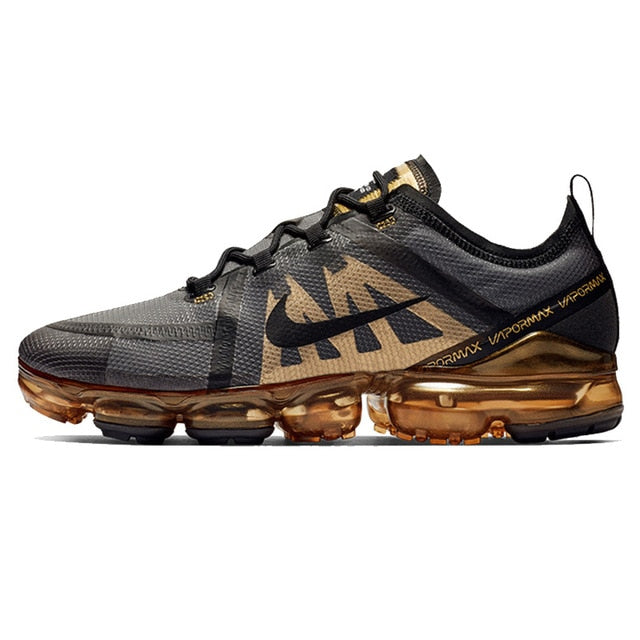 Nike Vapormax running shoes, gray mesh upper with gold accents and gold-tinted air sole