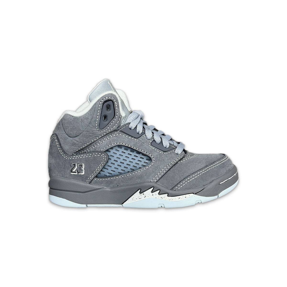 Kids' Air Jordan 5 Retro sneaker in light grey with lace-up and visible 23 logo
