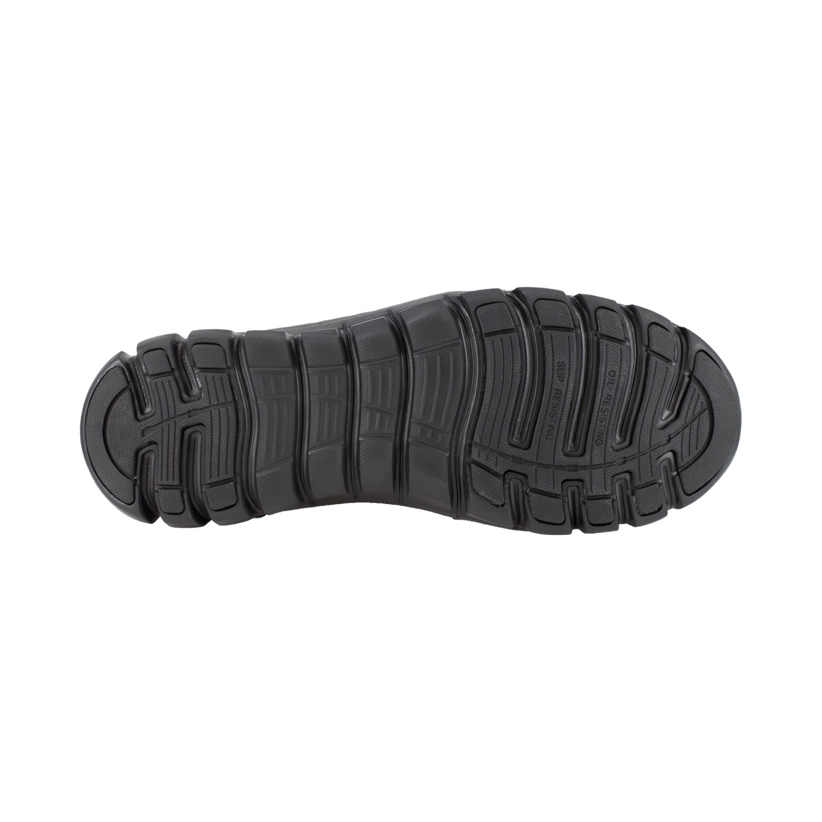 Black rubber outsole with deep tread pattern for traction