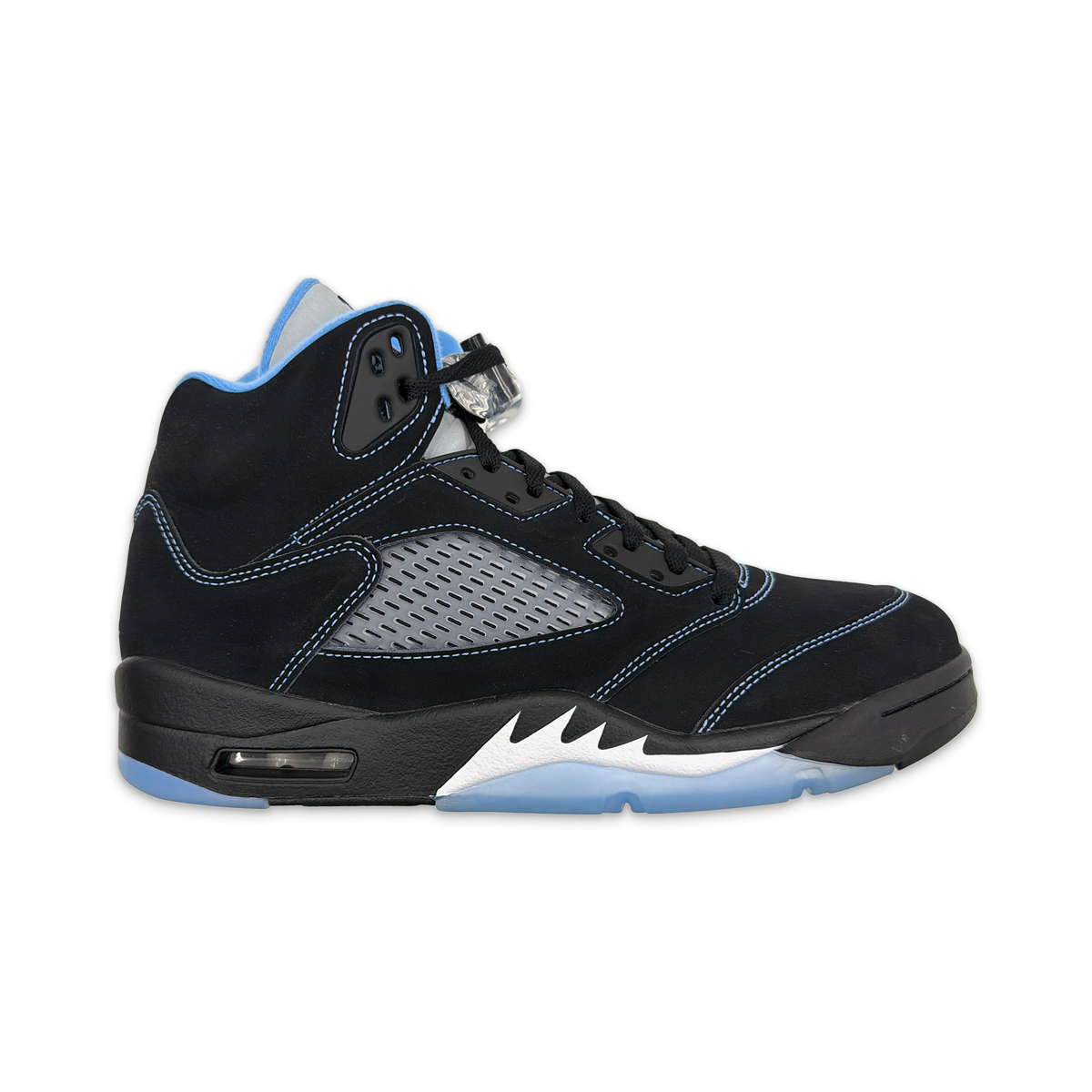 Black high-top sneakers with University Blue trim, lace-up, and visible Air sole unit