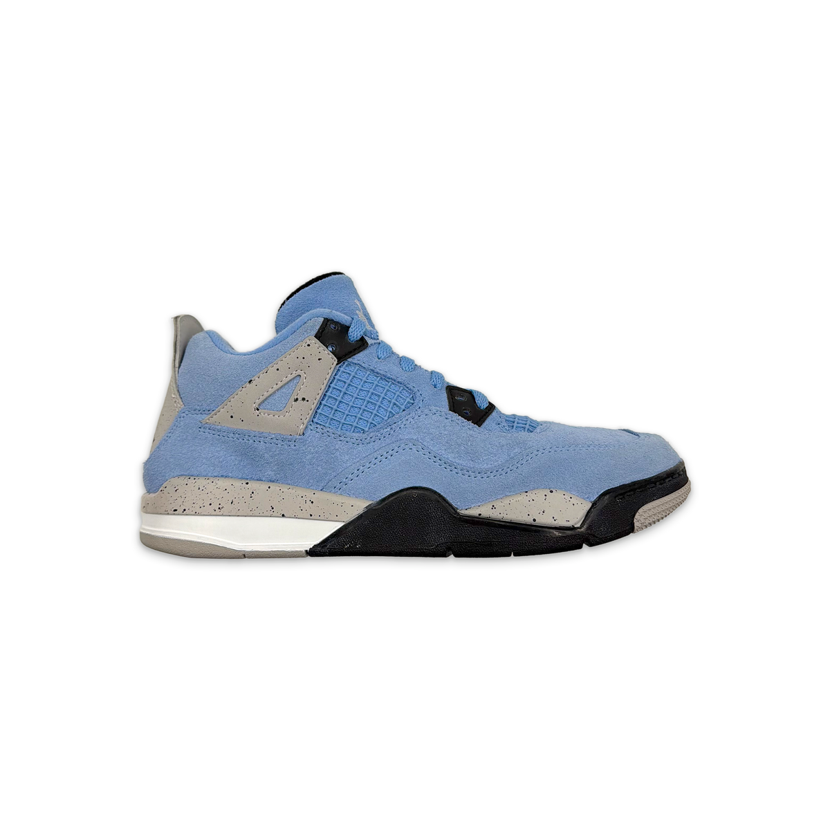 Kids Air Jordan 4 Retro sneakers in light blue with beige and black accents, lace-up.