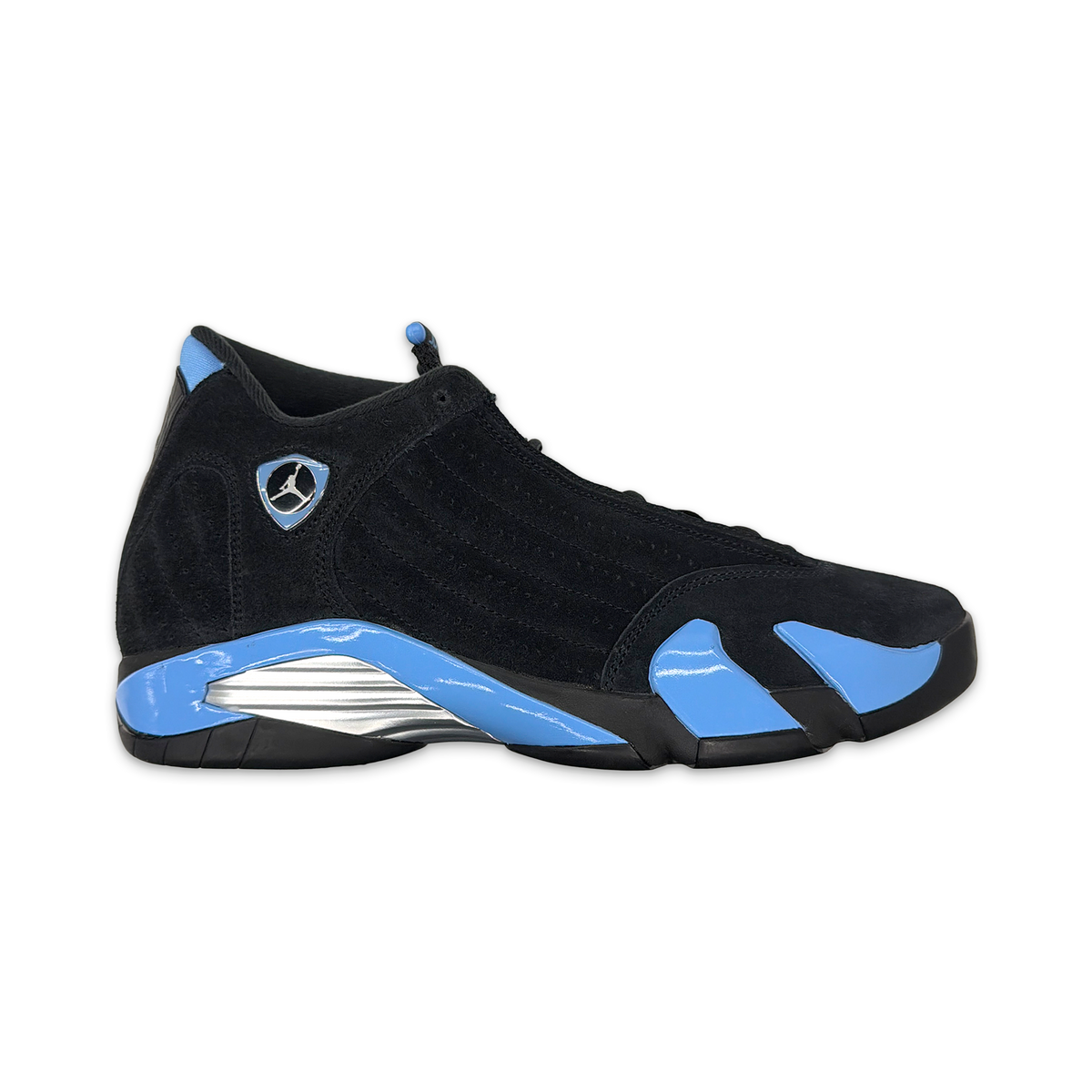 Air Jordan 14 Retro sneaker in black with University Blue accents and lace-up high top