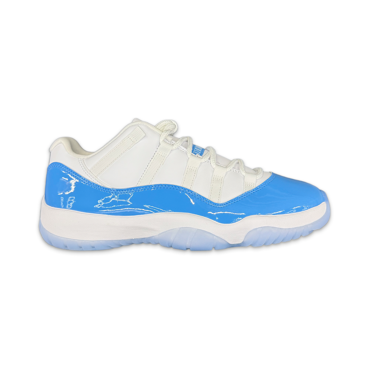 Air Jordan 11 Retro Low sneakers, white leather with University Blue side panels, lace-up