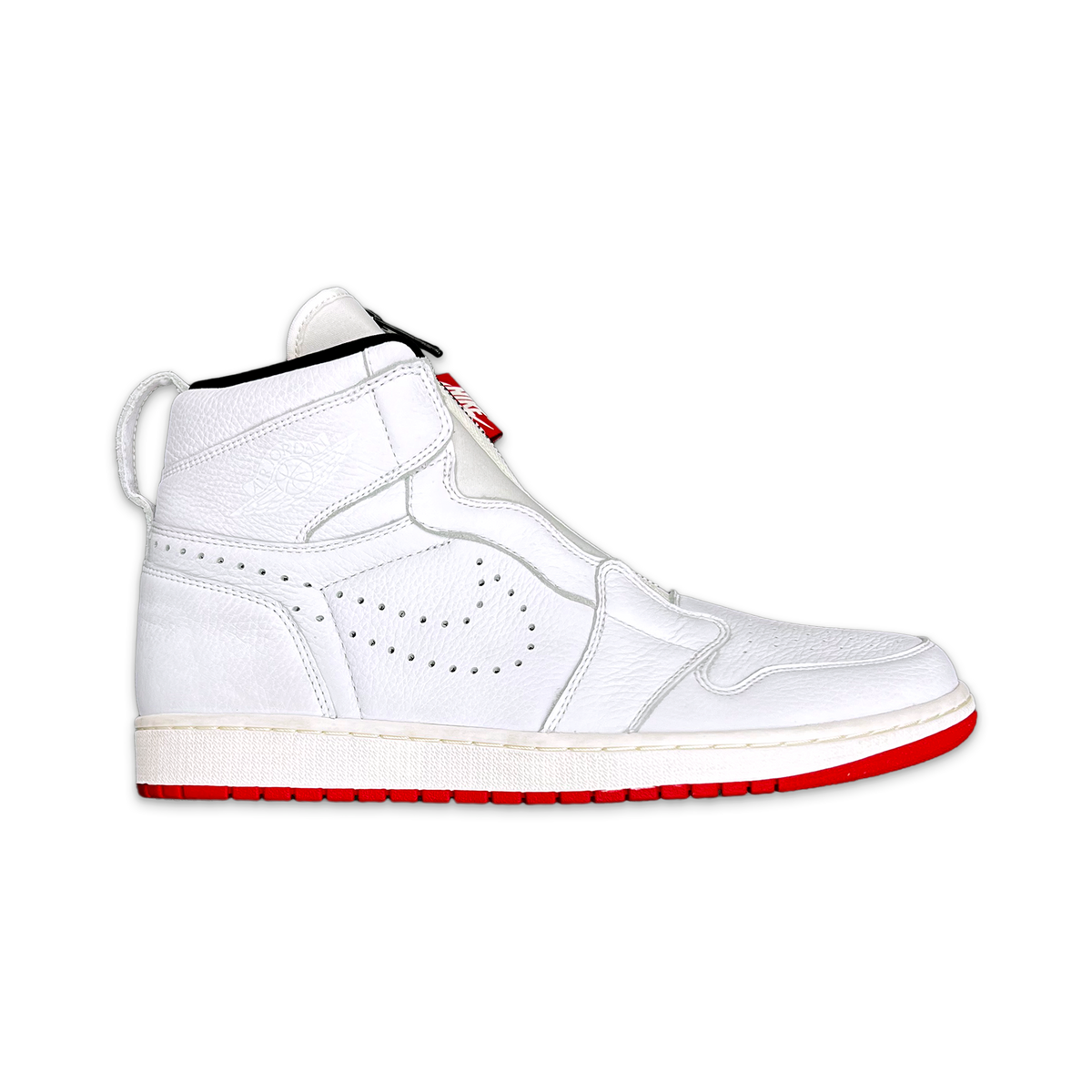 Air Jordan 1 Retro High Zip high-top sneaker with white upper, red heel trim, red outsole