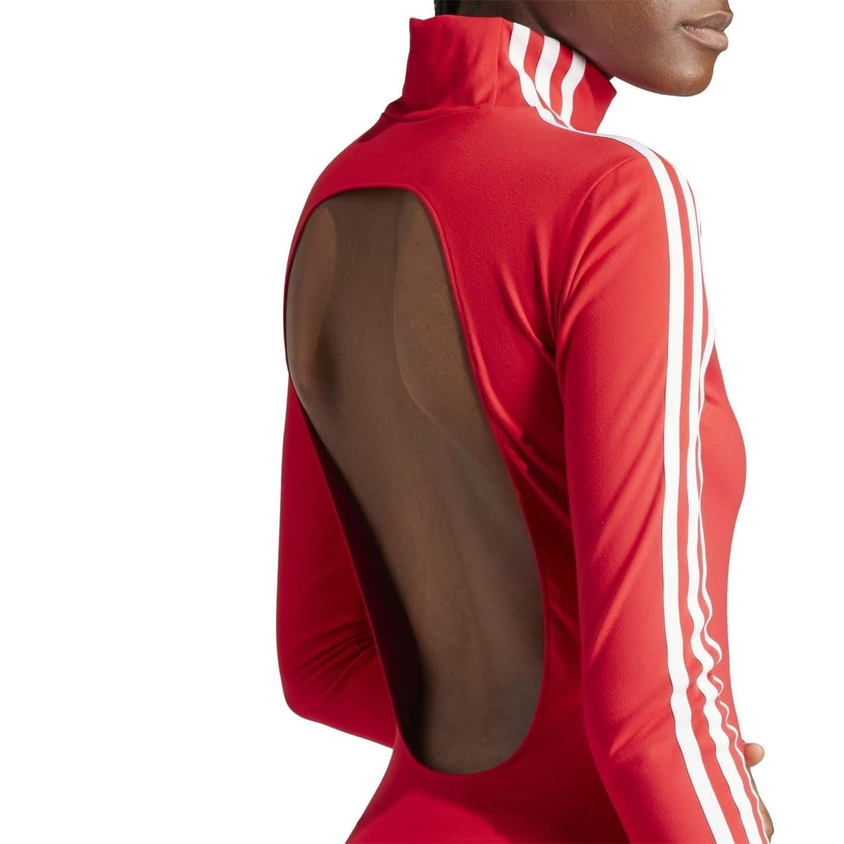 Red mini dress with mock neck and oval open-back cutout, white 3-stripe sleeve panels