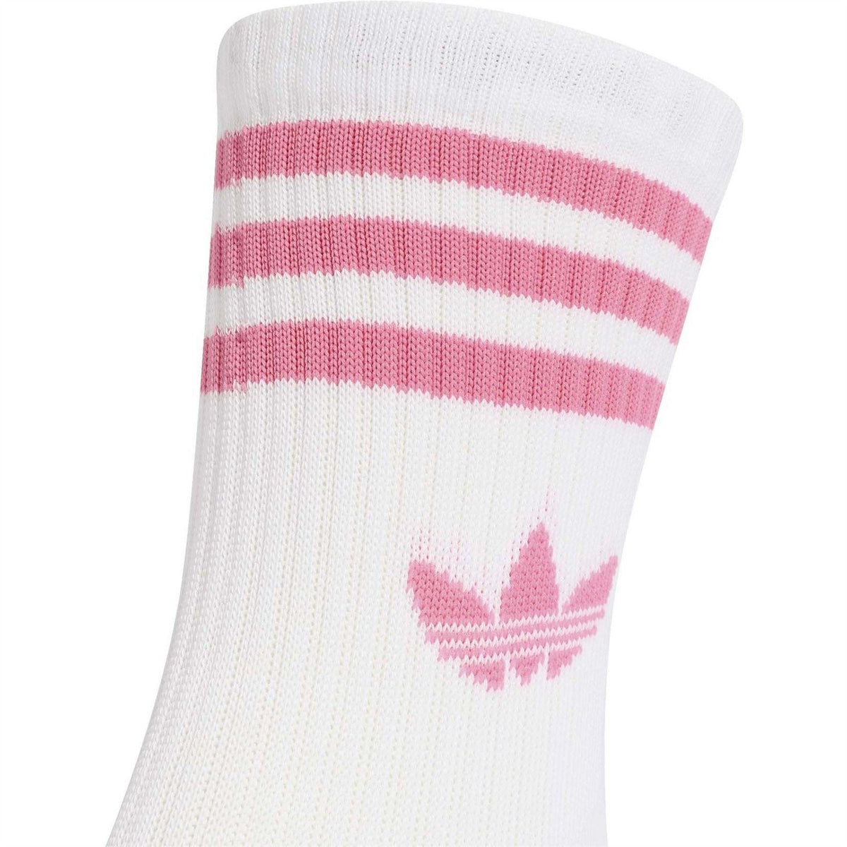 White crew sock with pink striped cuff and adidas logo at side