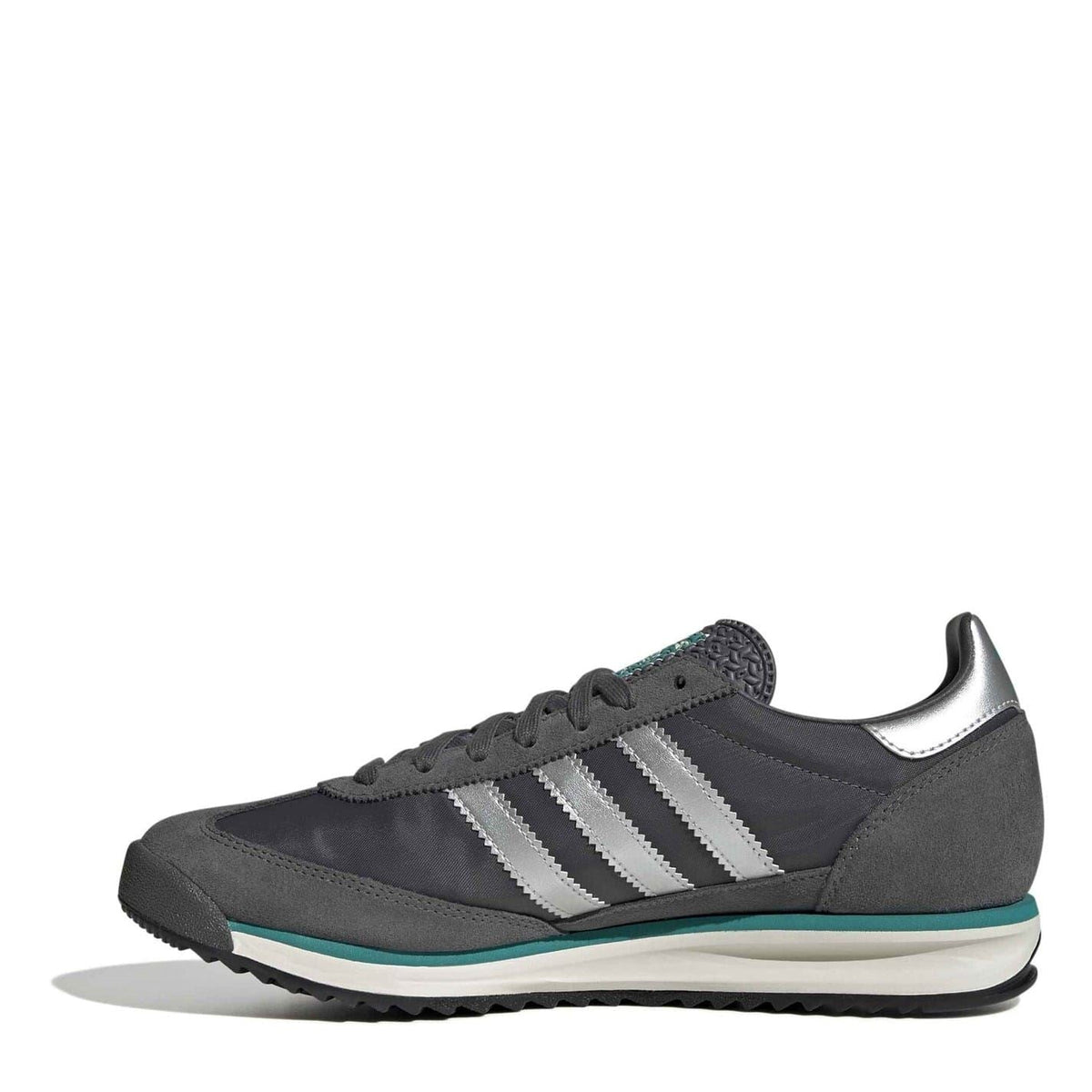 Grey low-top sneakers with white stripes and teal outsole edge, side view.