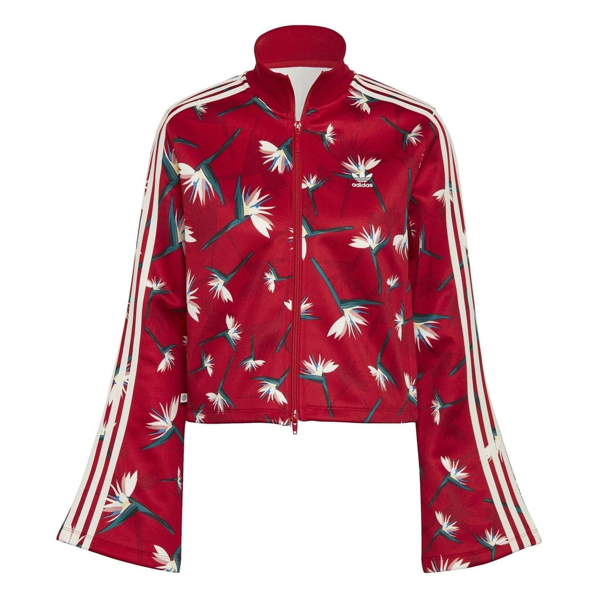 Red cropped athletic top with high neck zip, white triple stripes, floral print