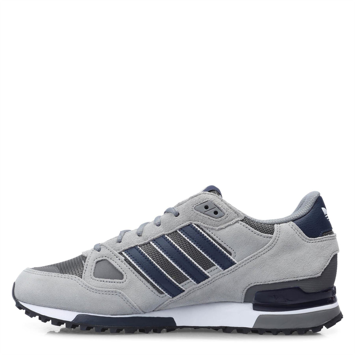 Grey adidas ZX 750 low-top sneakers with navy stripes and cushioned sole