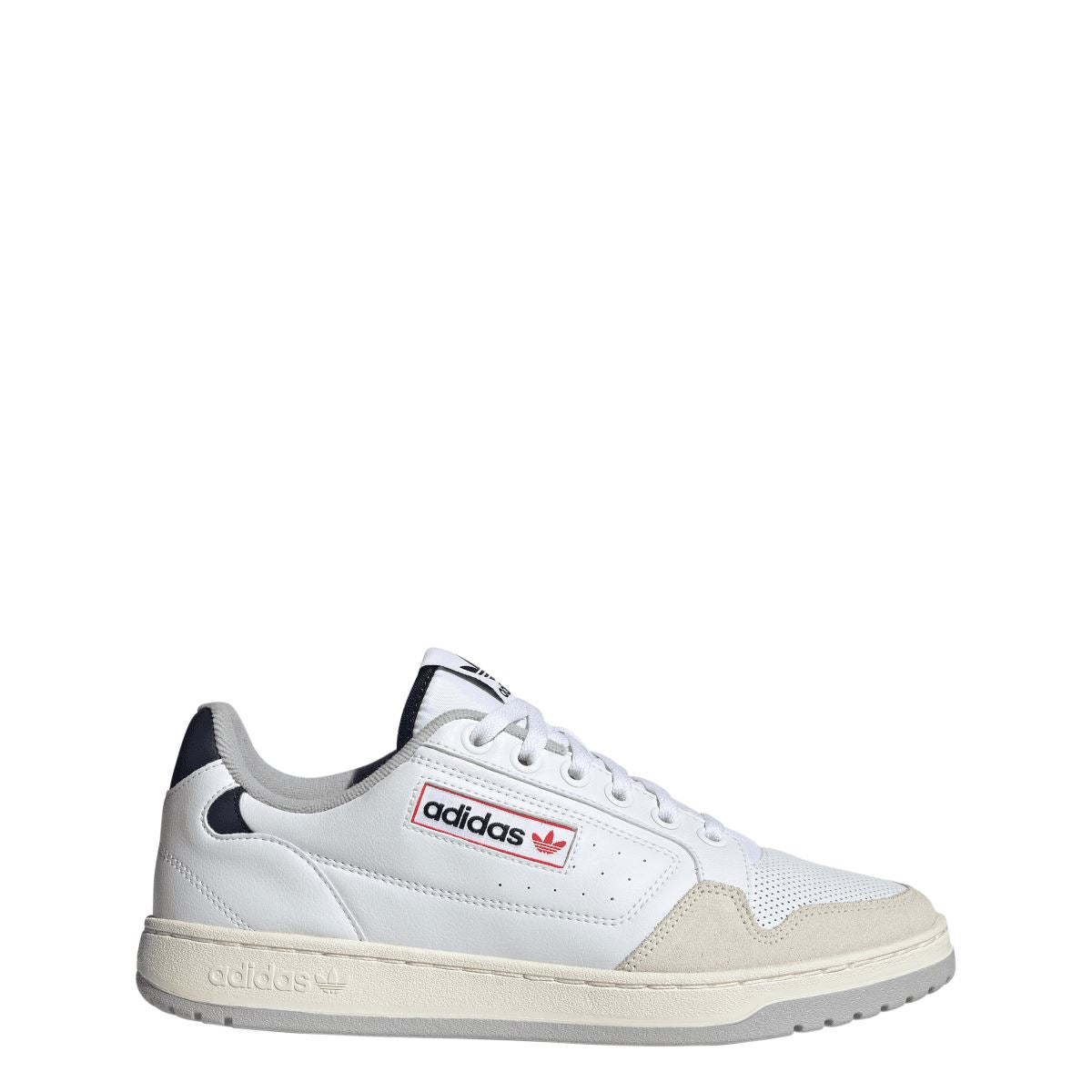 White adidas NY 90 trainers, lace-up design with beige suede quarter panel.
