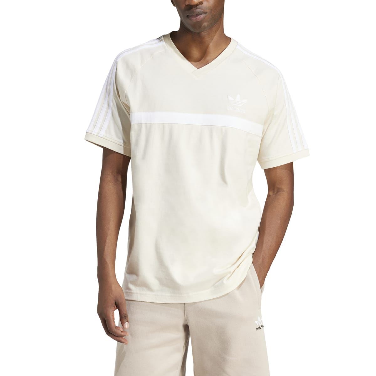 Off-white adidas Originals V-neck panel T-shirt with chest stripe and short sleeves