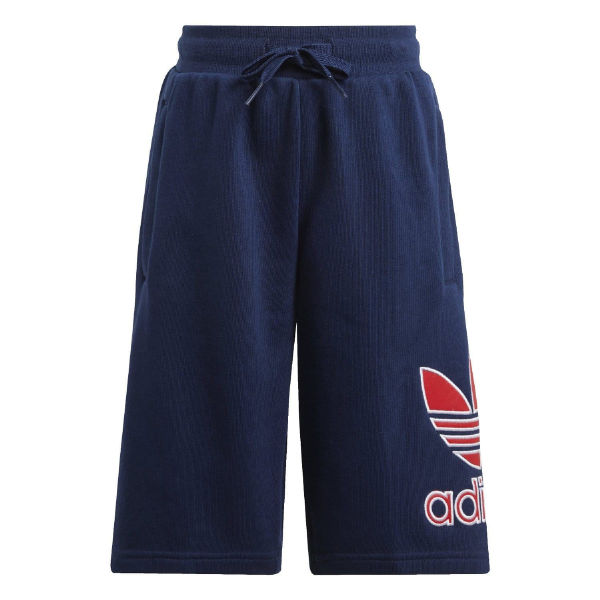 Kids navy adidas shorts with drawstring waist and red trefoil side logo