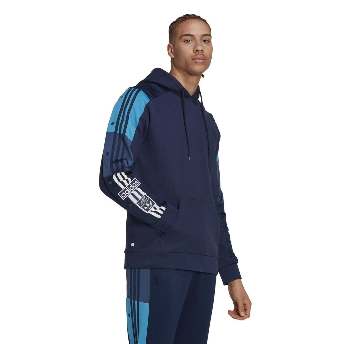Navy hooded sweatshirt with light-blue shoulder stripe detailing and striped cuffs.