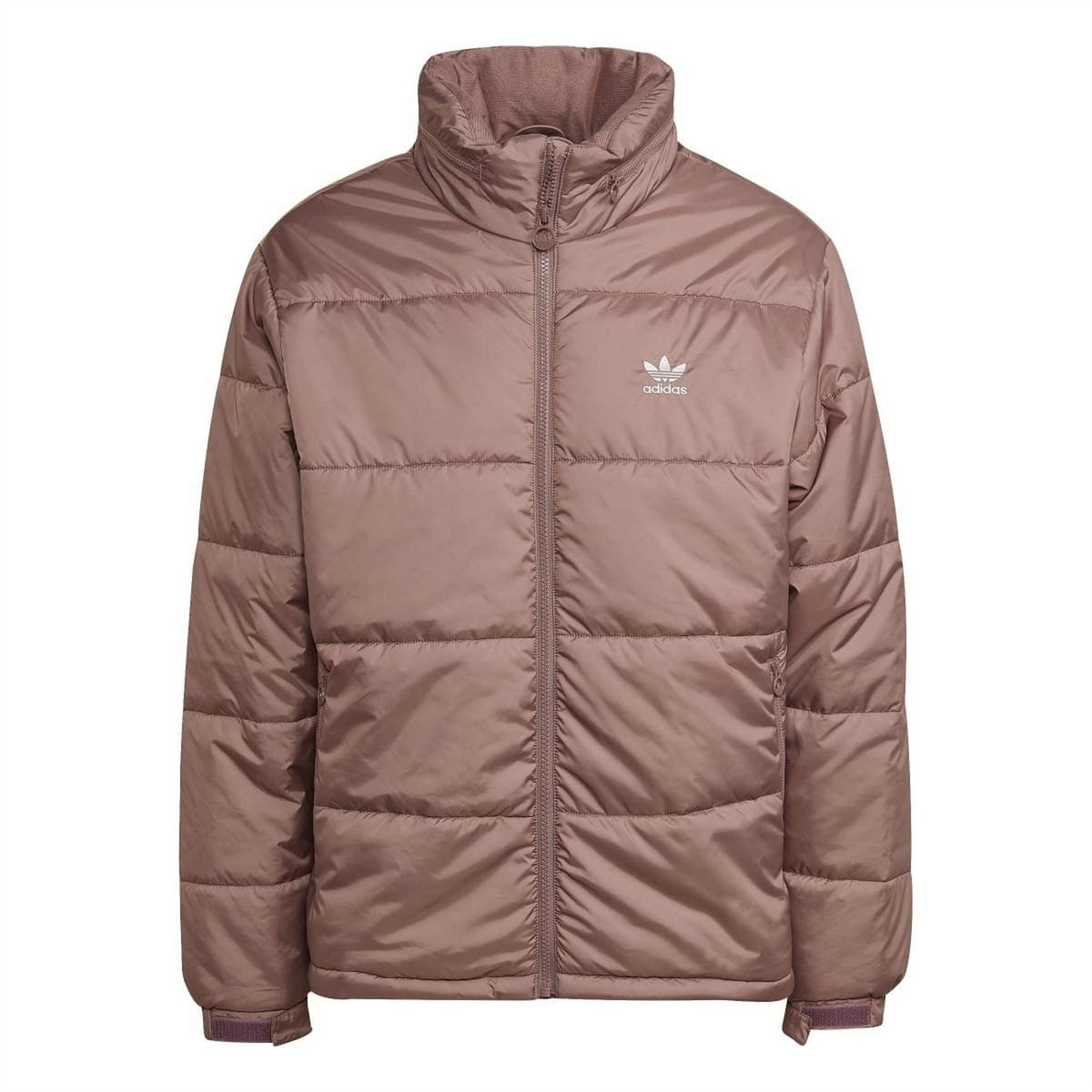 Burgundy padded puffer jacket, front view with hood, full zipper and adidas logo