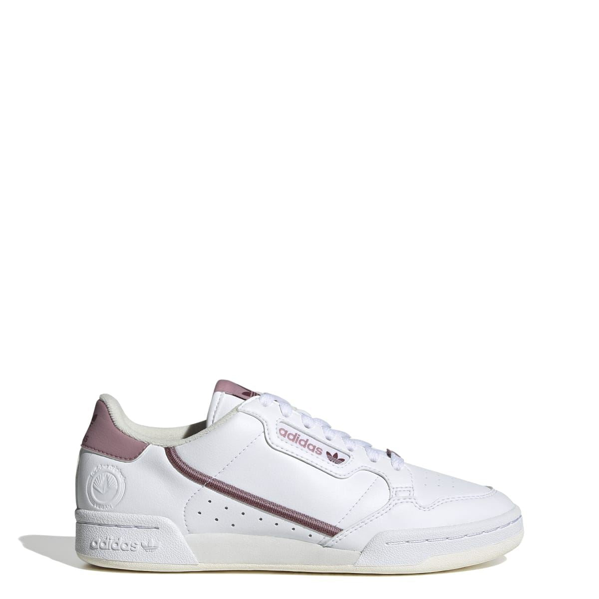 Women's white vegan low-top trainers with mauve heel tab and side stripe