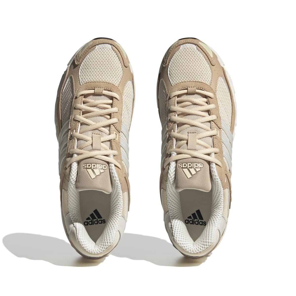 Pair of sand and off-white lace-up trainers shown from top with mesh and leather overlays