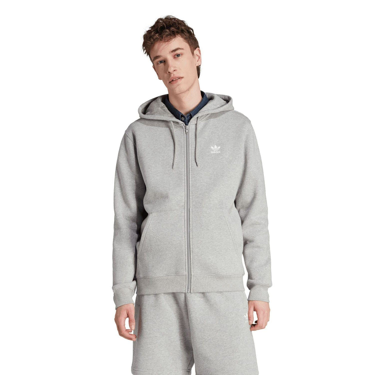 Grey full-zip hoodie with hood, drawstrings, front zip, and adidas logo on chest.
