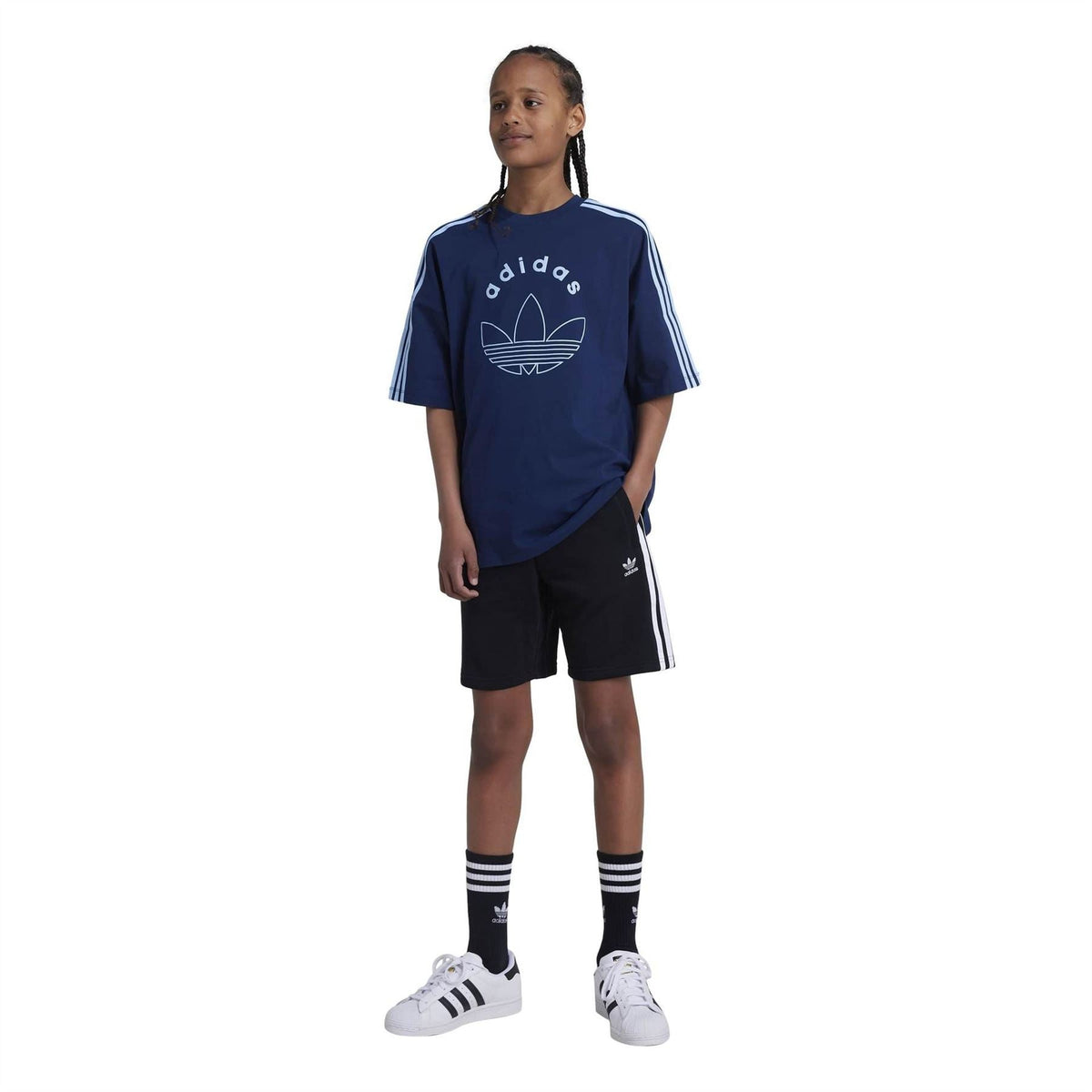 Black adidas sweat shorts with white side stripes and adidas logo at the hem