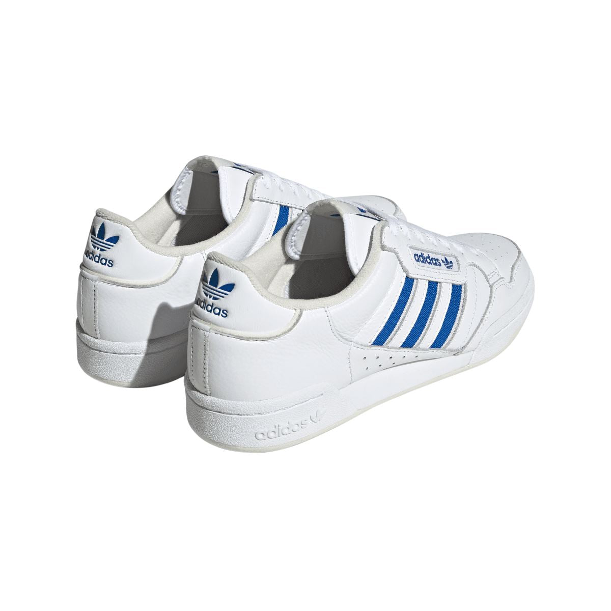 White adidas Continental 80 trainers, heel and side view with adidas mark and blue stripes