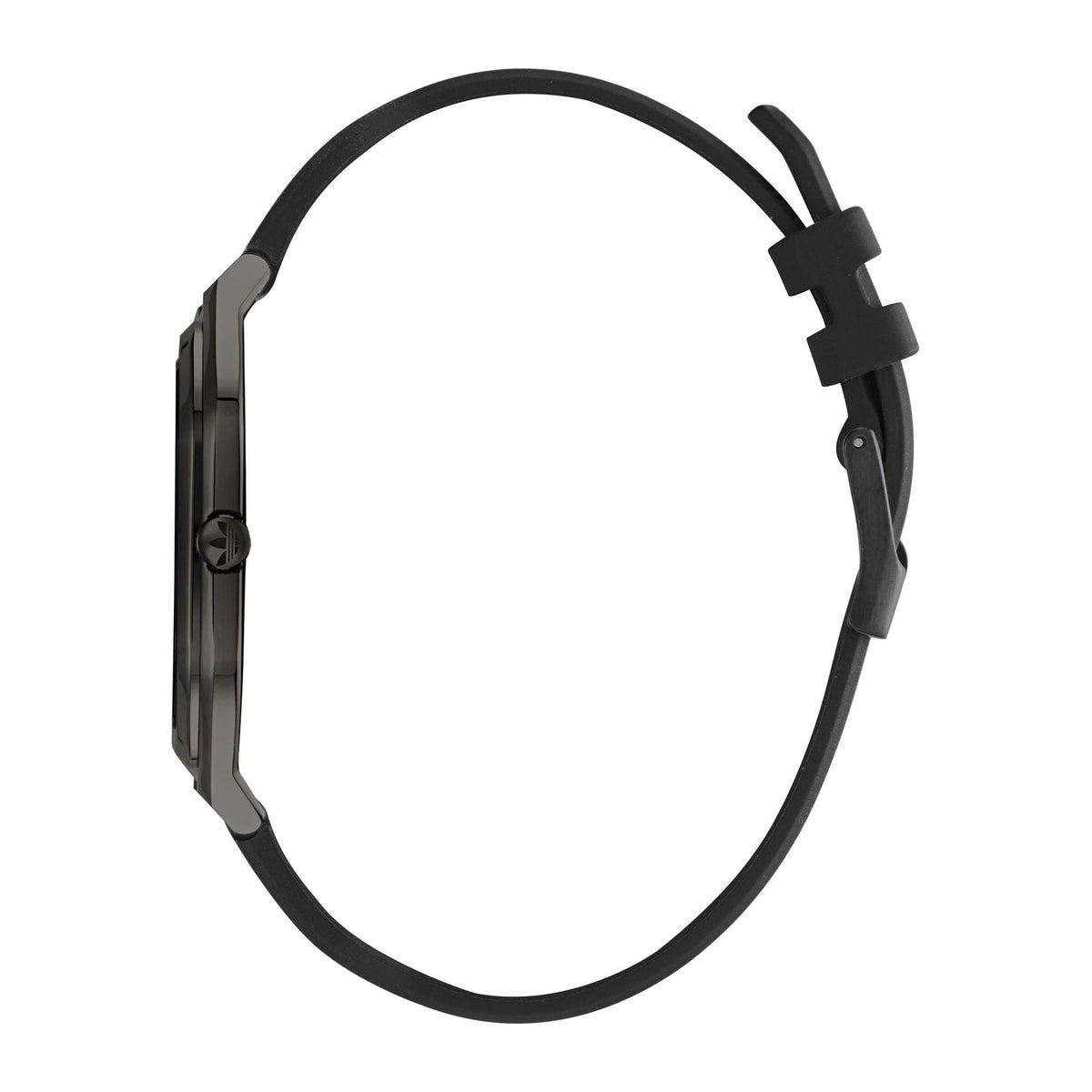 adidas Originals watch band, black silicone strap with black case on white background