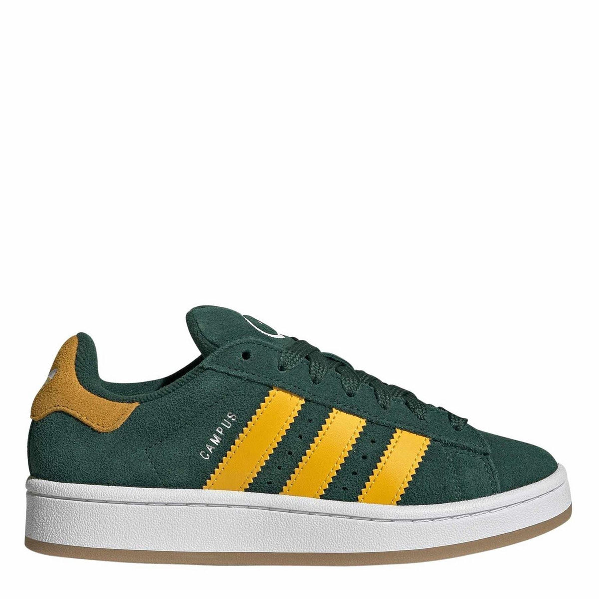 Green juniors Campus sneakers with three yellow adidas stripes and white sole