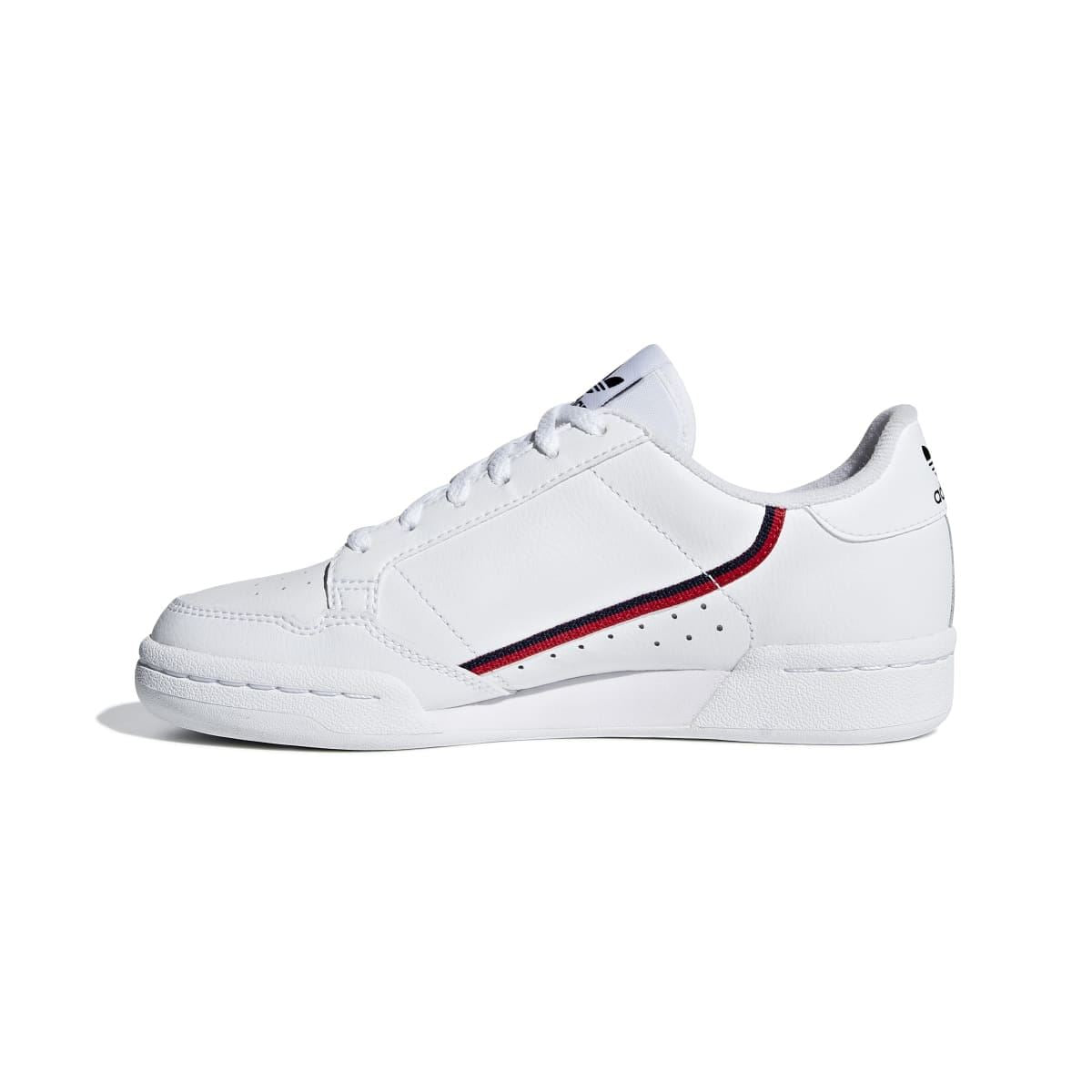 White Adidas Originals Continental 80 junior sneaker with red-and-navy trim on side.