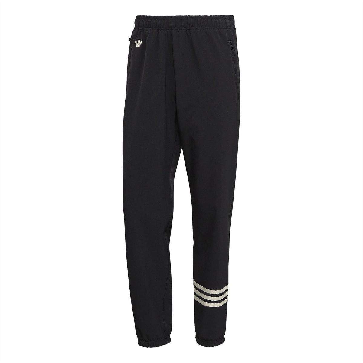 adidas Originals black track pants with three-bar logo and striped cuffs