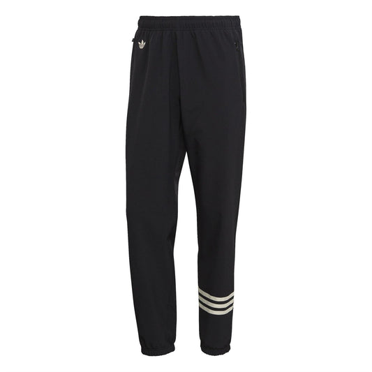 adidas Originals black track pants with three-bar logo and striped cuffs