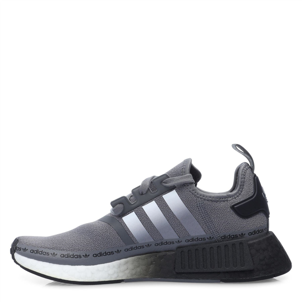 Grey and black adidas NMD_R1 low-top knit sneaker with three stripes and ribbed midsole