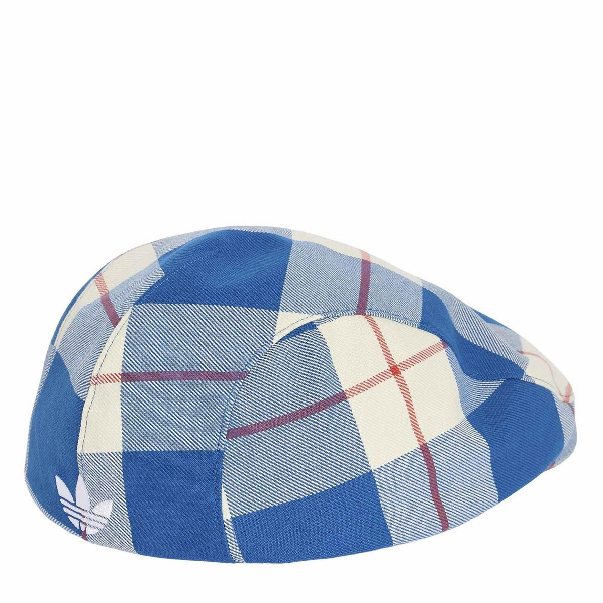 Plaid ivy cap with embroidered logos, blue and cream check pattern