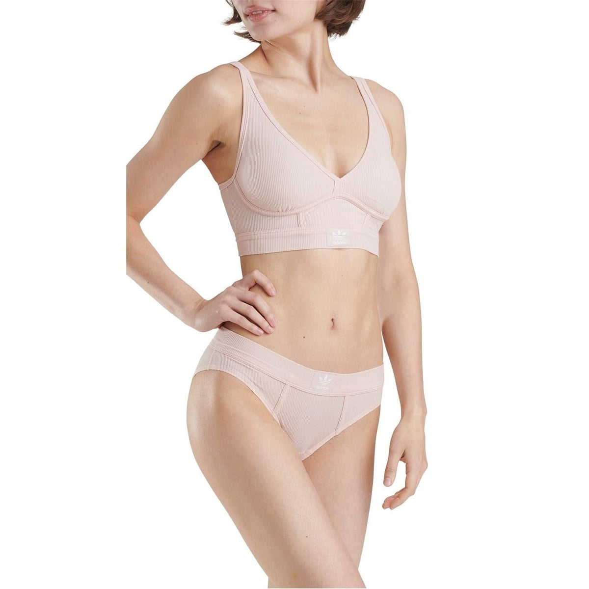 Peach V-neck bralette and matching briefs with adidas logo