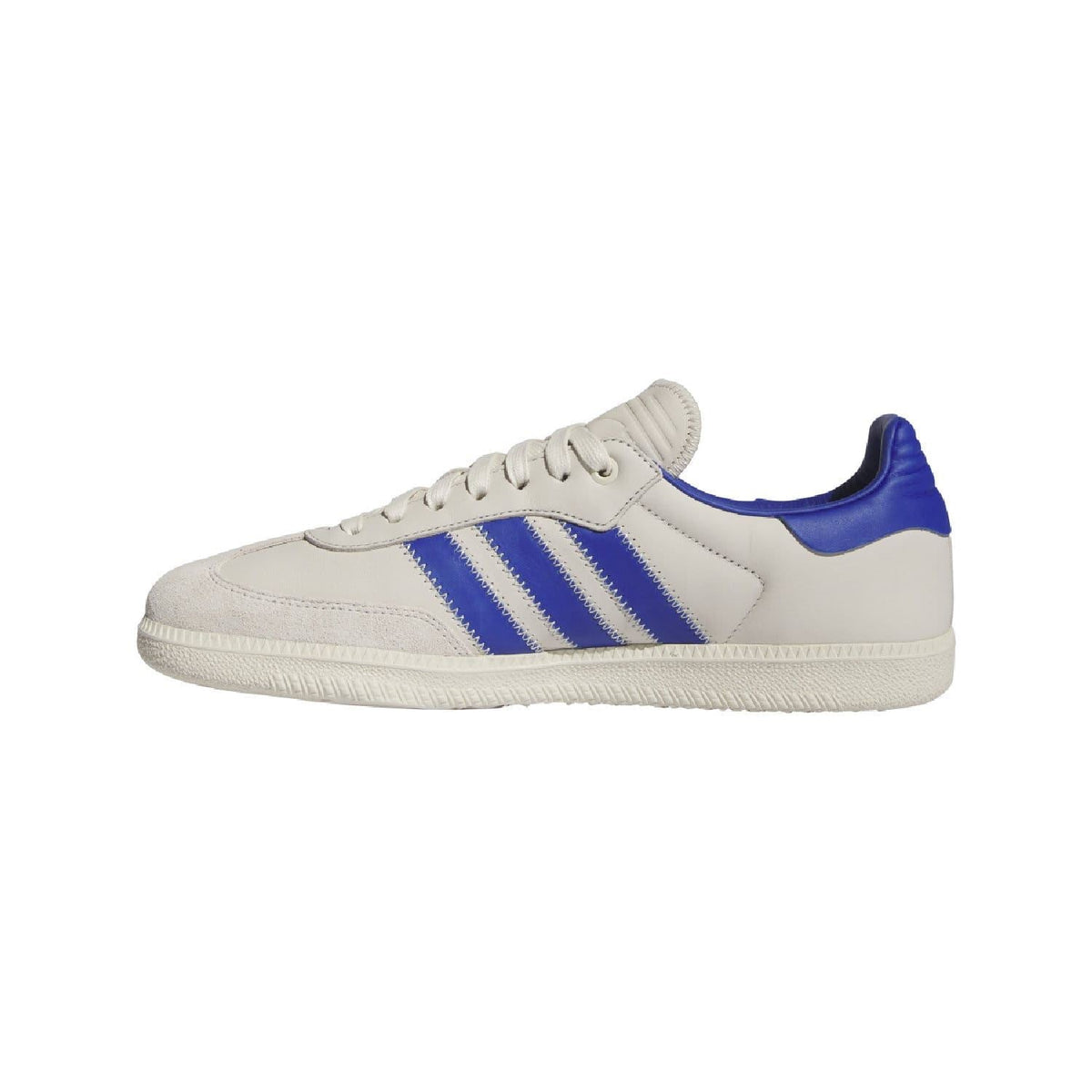 White and blue low-top Samba trainers, side view with three stripes and lace-up front