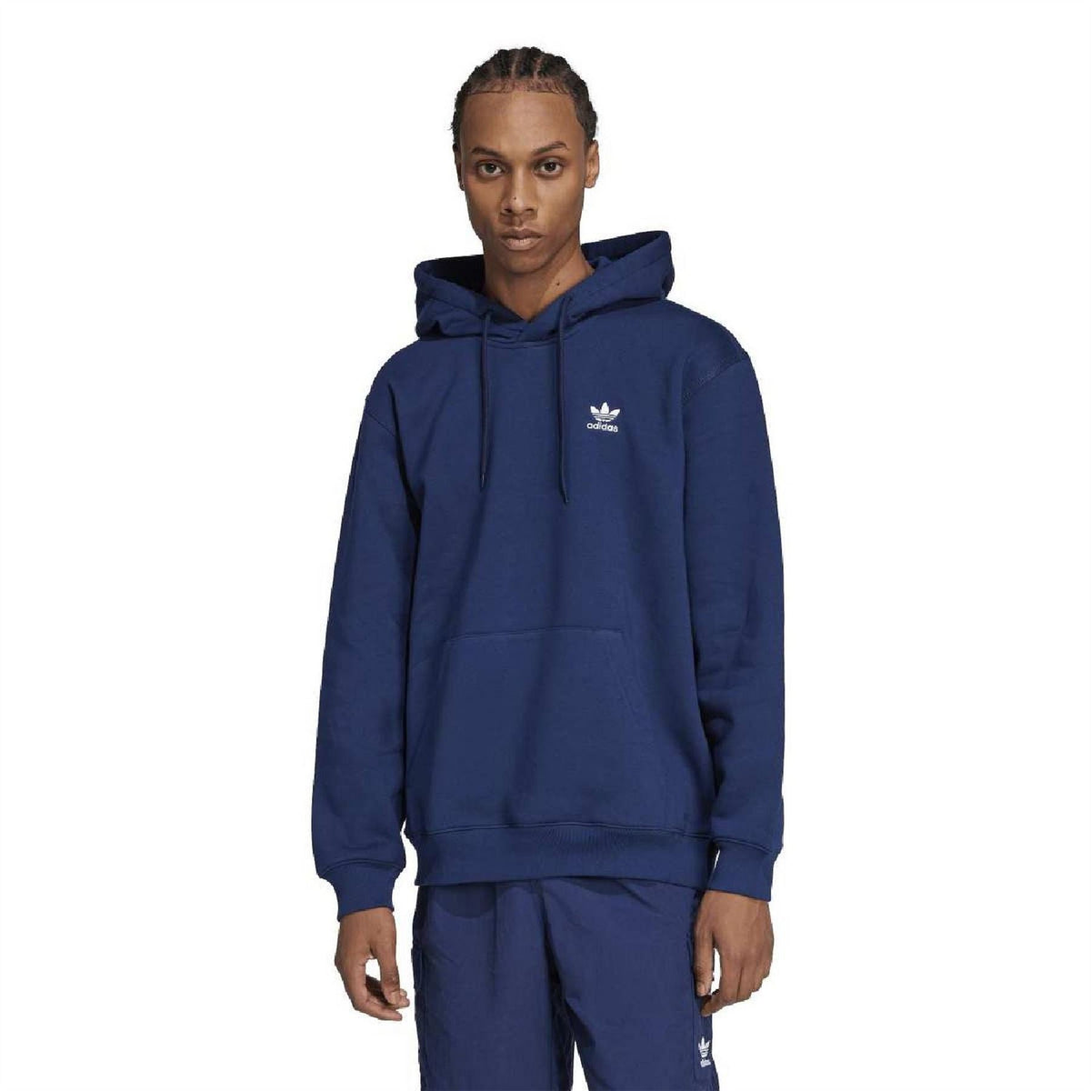 adidas Originals loose hoodie in dark indigo with hood drawstrings and Trefoil chest logo