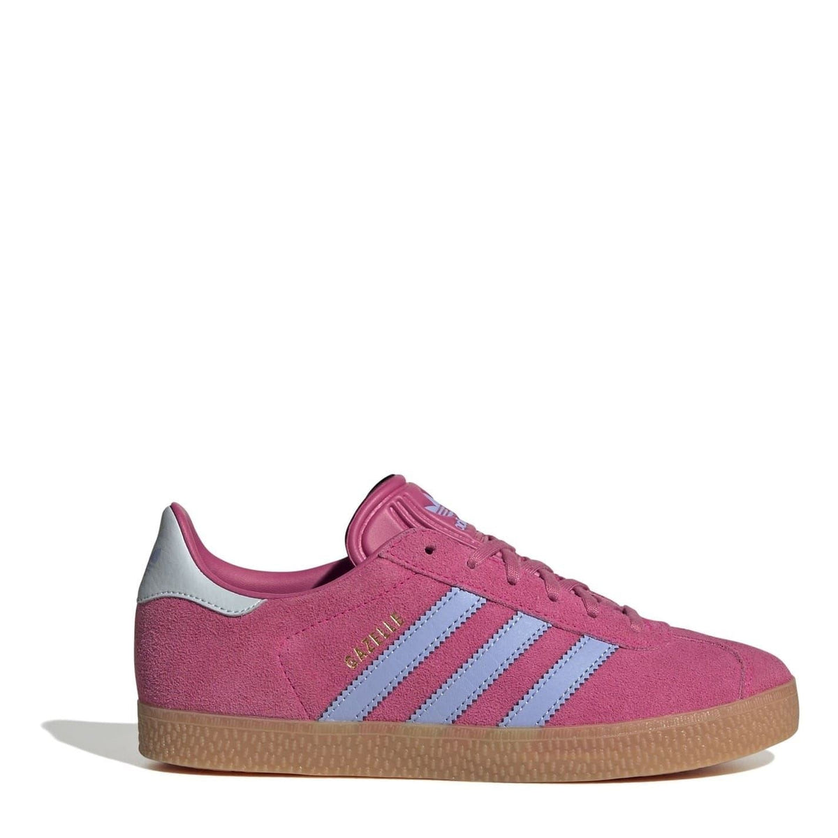 Adidas Originals junior low-top sneakers, pink suede with blue triple stripes, lace-up